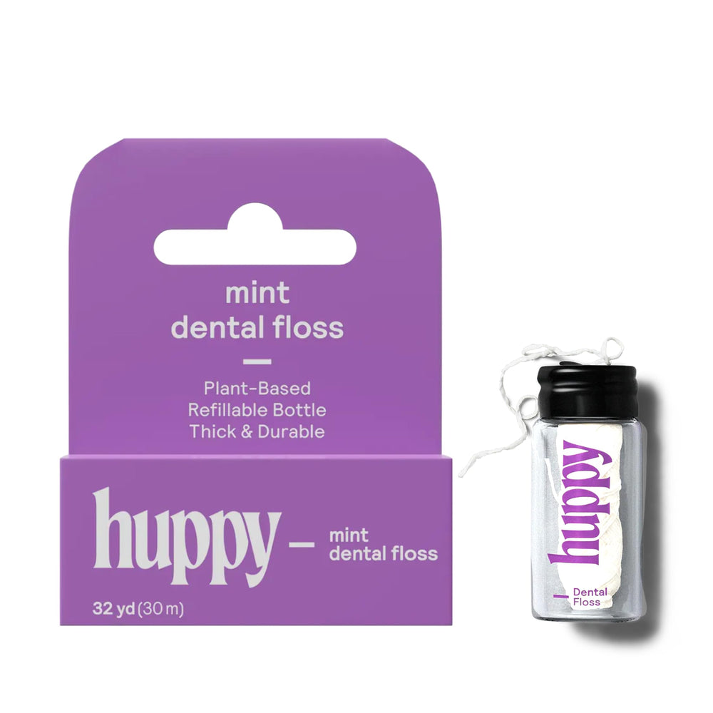 HUPPY floss packaging in a refillable glass jar
