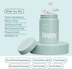 Fluoride-free claim on HUPPY toothpaste tablets packaging