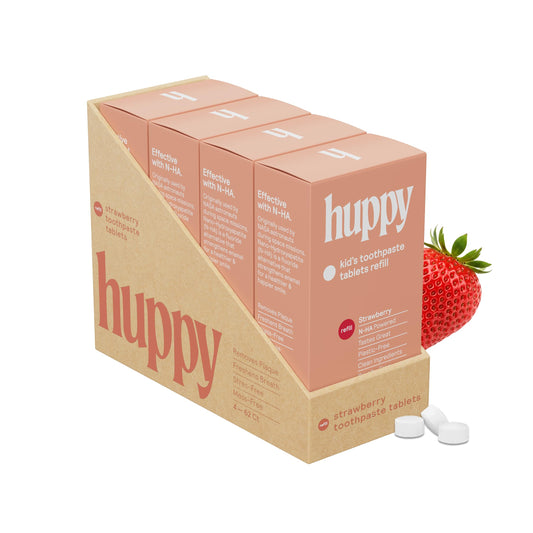 Huppy strawberry toothpaste tablets refill tin – front view