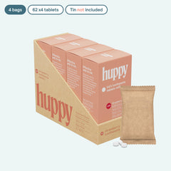 Close-up of Huppy nano hydroxyapatite toothpaste tablets
