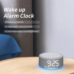 Hushing digital clock with adjustable brightness supports nighttime use.