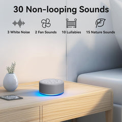 Hushing Sound Machine displays 12 color night lights for relaxing bedside ambiance.