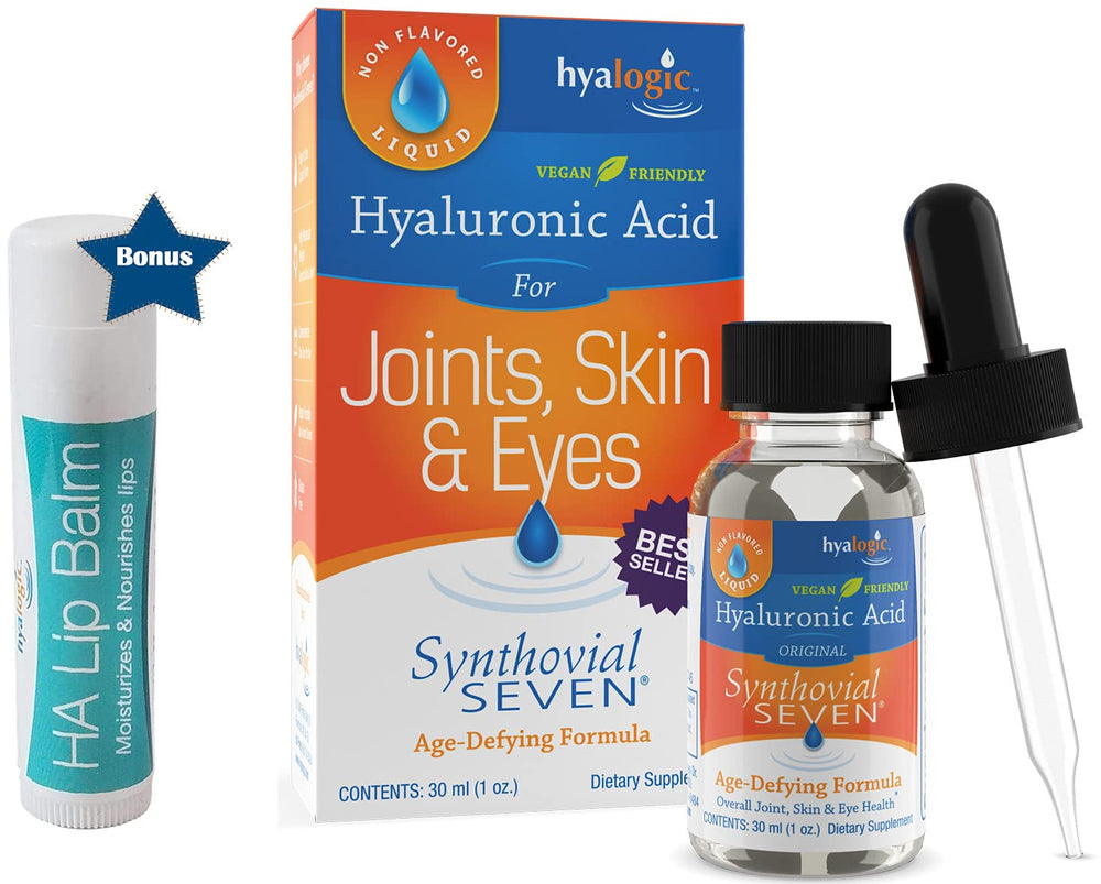 1oz bottle of Hyalogic Liquid Synthovial Seven with bonus lip balm