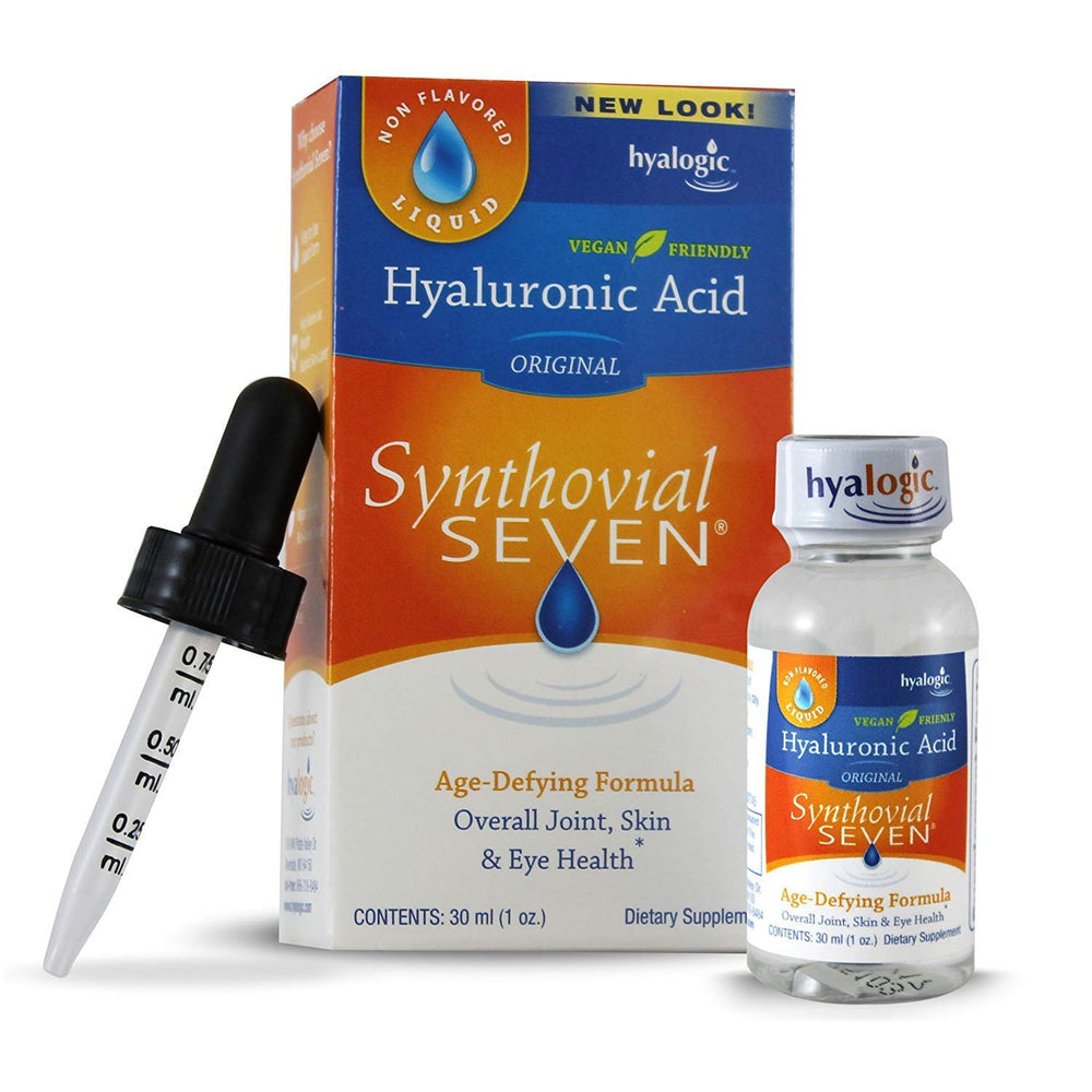 Front view of Hyalogic Synthovial Seven liquid hyaluronic acid 1 oz 2-pack bottle