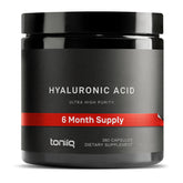 Hyaluronic Acid supplement bottle with 360 capsules, lab-tested 95% purity
