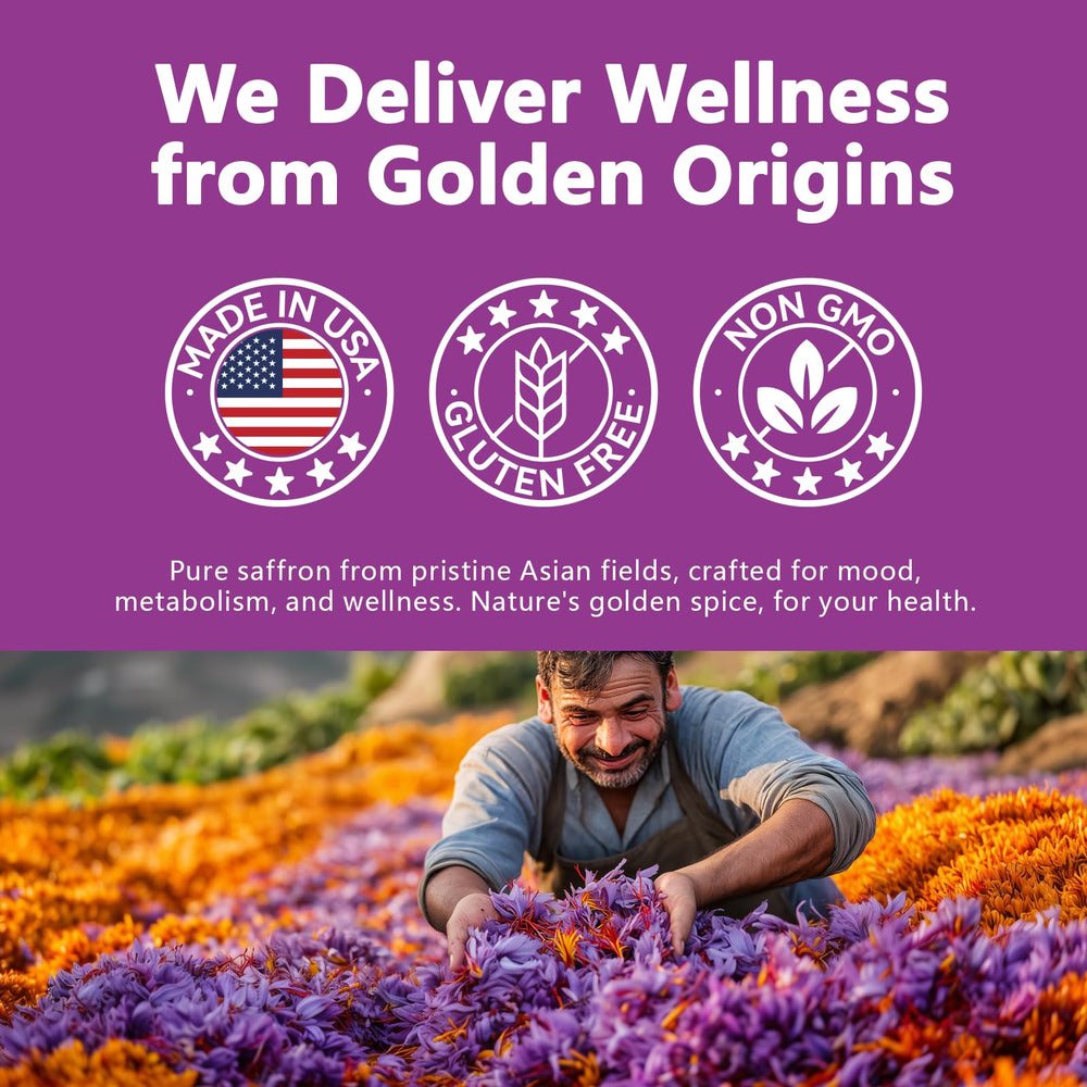 USA-made saffron supplement packaging with non-GMO and gluten-free badges