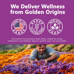 USA-made saffron supplement packaging with non-GMO and gluten-free badges