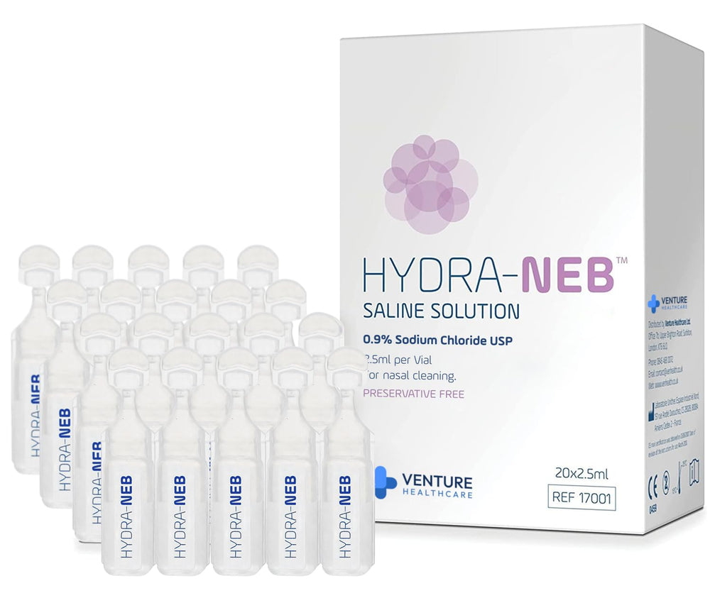 Hydra-Neb saline ampoules pack for quick nasal cleansing on the go.