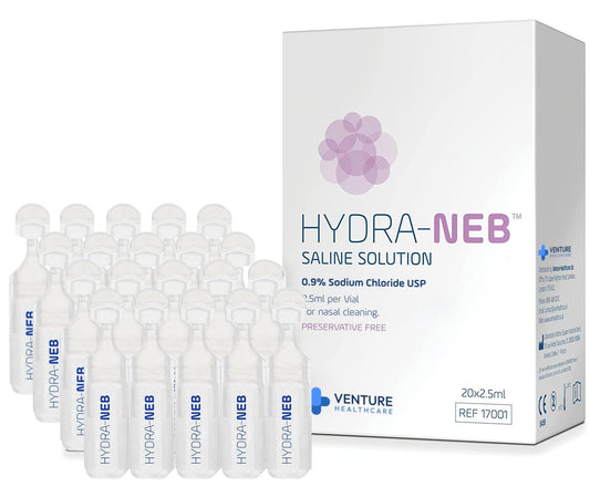 Hydra-Neb saline ampoules pack for quick nasal cleansing on the go.