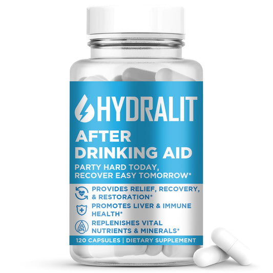 Hydralit After Drinking Aid bottle front supports a quicker morning refresh