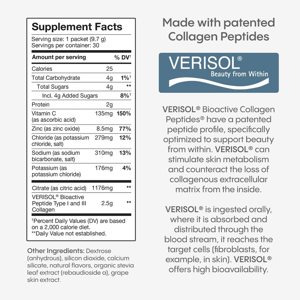 Hydration packets dissolving in water with Verisol collagen and Vitamin C