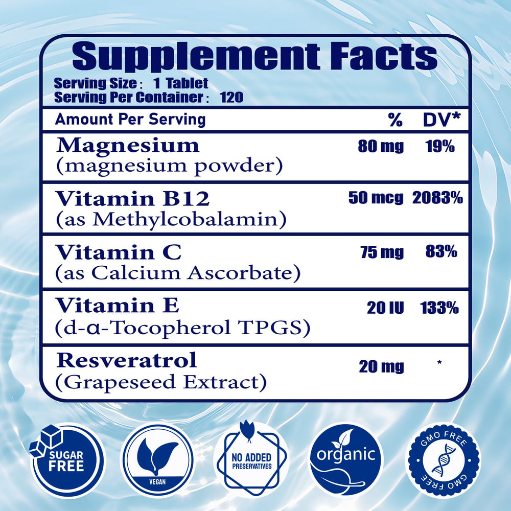 Hydrogen water tablets highlighting magnesium and antioxidants (Vitamin B12, C, E, Resveratrol).