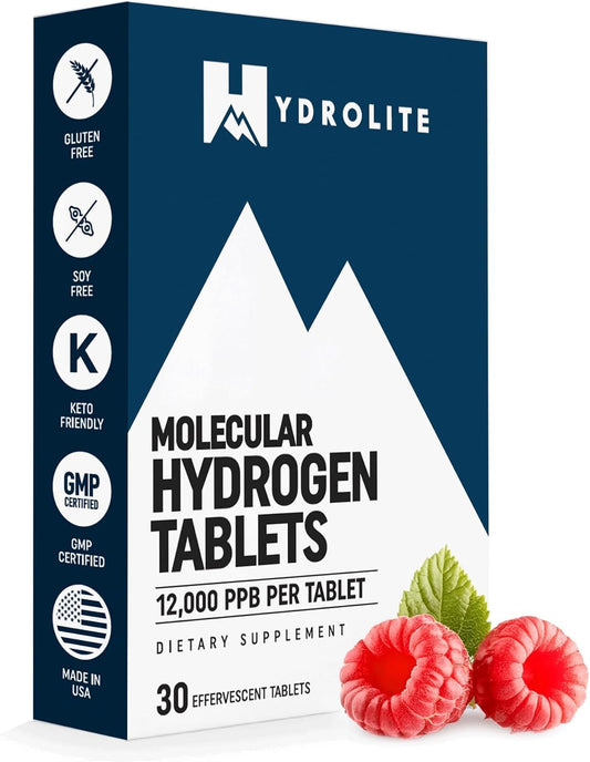 HydroLite Raspberry Molecular Hydrogen Tablets with Magnesium – bottle and tablets
