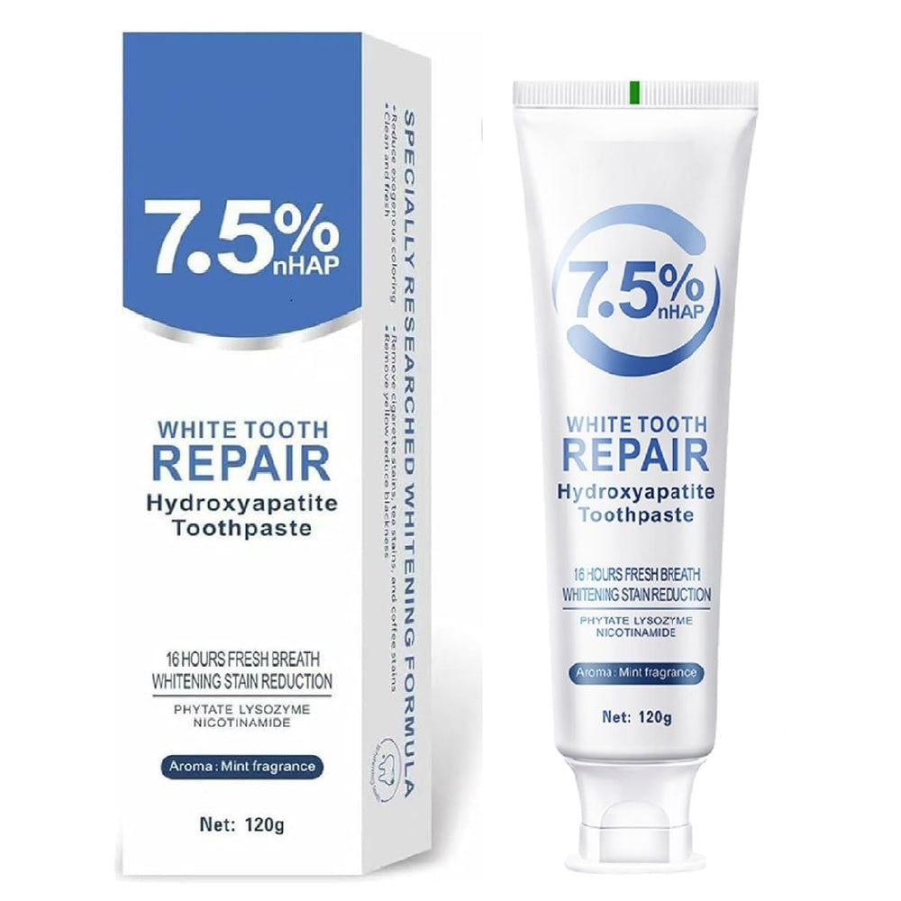 Hydroxyapatite toothpaste tube close-up with mint packaging