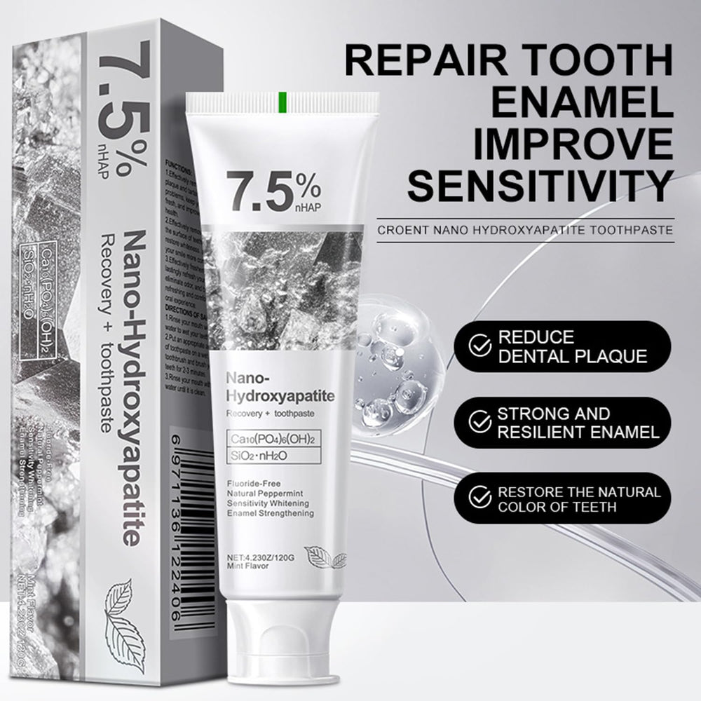 Close-up of hydroxyapatite toothpaste and enamel protection claim
