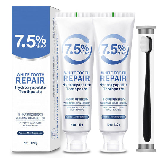 Hydroxyapatite toothpaste tube displaying 7.5% formula