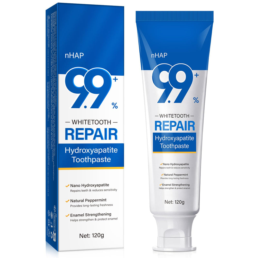 Toothpaste tube labeled hydroxyapatite 9.9% fluoride-free with mint