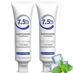 Tube of hydroxyapatite toothpaste showing enamel protection