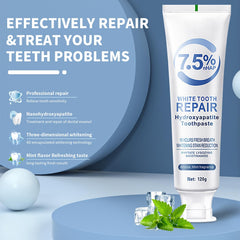 Close-up of hydroxyapatite toothpaste tube for enamel protection