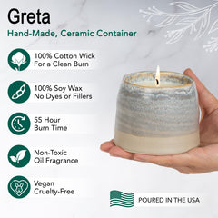 Hyggelight Greta close-up of smooth soy wax and cotton wick, highlights clean burn