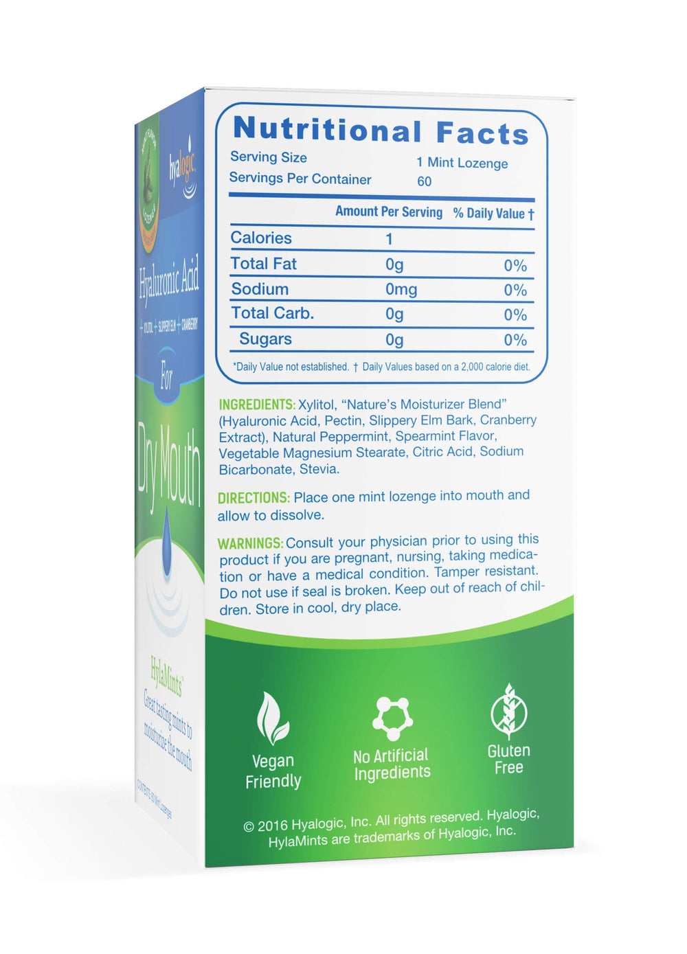 Close-up of HylaMints ingredients on label
