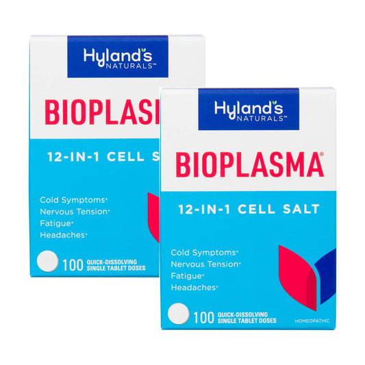 Front view of Hyland's Bioplasma 2-pack 100-count bottles