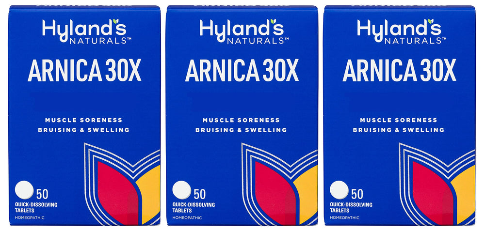 Hyland's Arnica 30x bottle close-up showing quick-dissolve tablets for bruising support