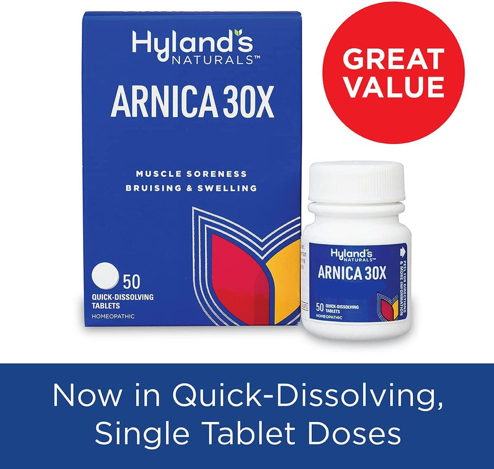 Hyland's Arnica quick-dissolve tablets melt in mouth for muscle soreness relief