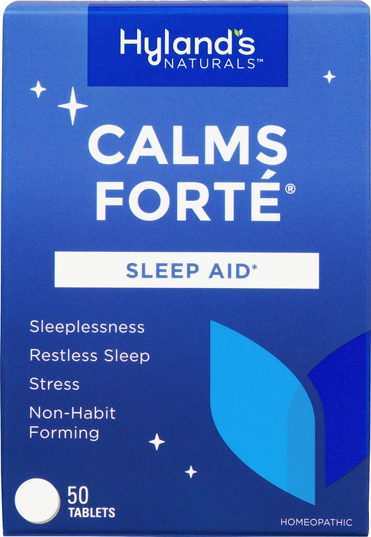 Hyland's Calms Forte packaging shows natural sleep support during stress