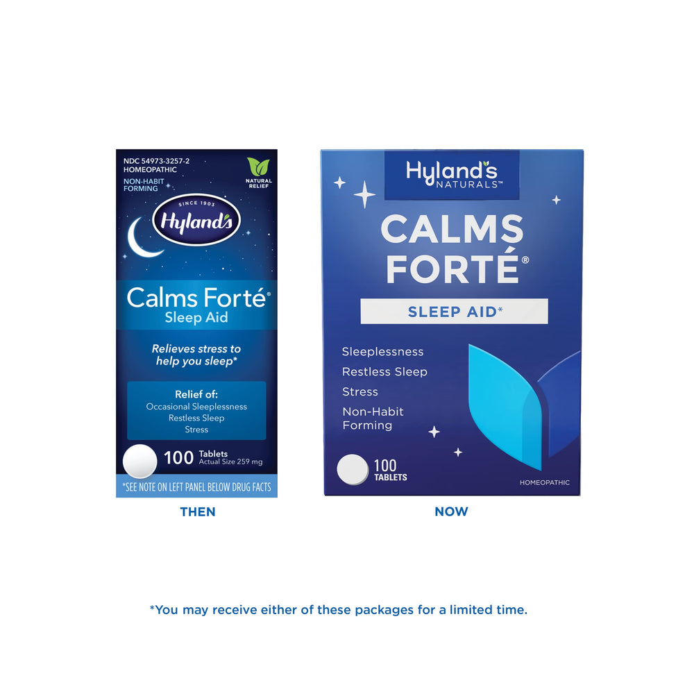 Hyland's Calms Forte bottle side view signals easy-to-take relief for sleeplessness.