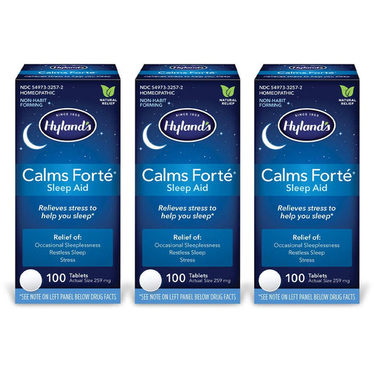 Hyland's Calms Forte bottle front showing sleep support for occasional sleeplessness.