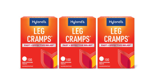 Hyland's Leg Cramps bottle label highlights quick relief for leg cramps.