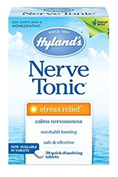Hyland's Nerve Tonic Quick-Dissolve Tablets bottle with a 5-bottle bundle for stress relief