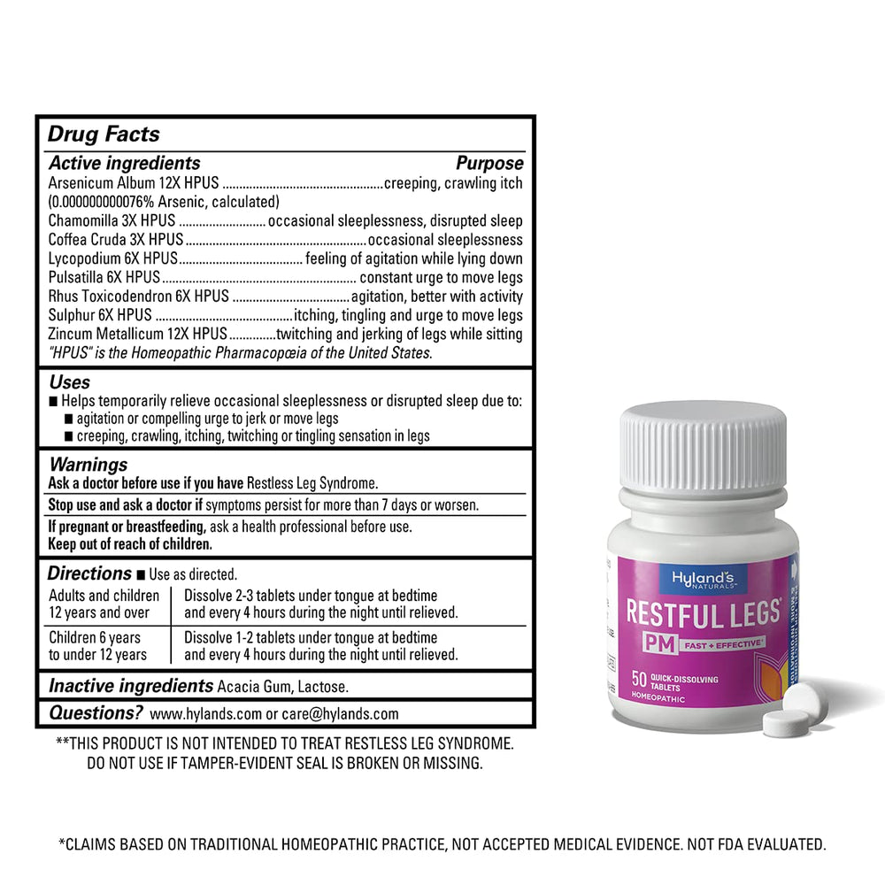 Hyland's Restful Legs PM bottle label highlights quick-dissolving tablets for sleep-ready legs.