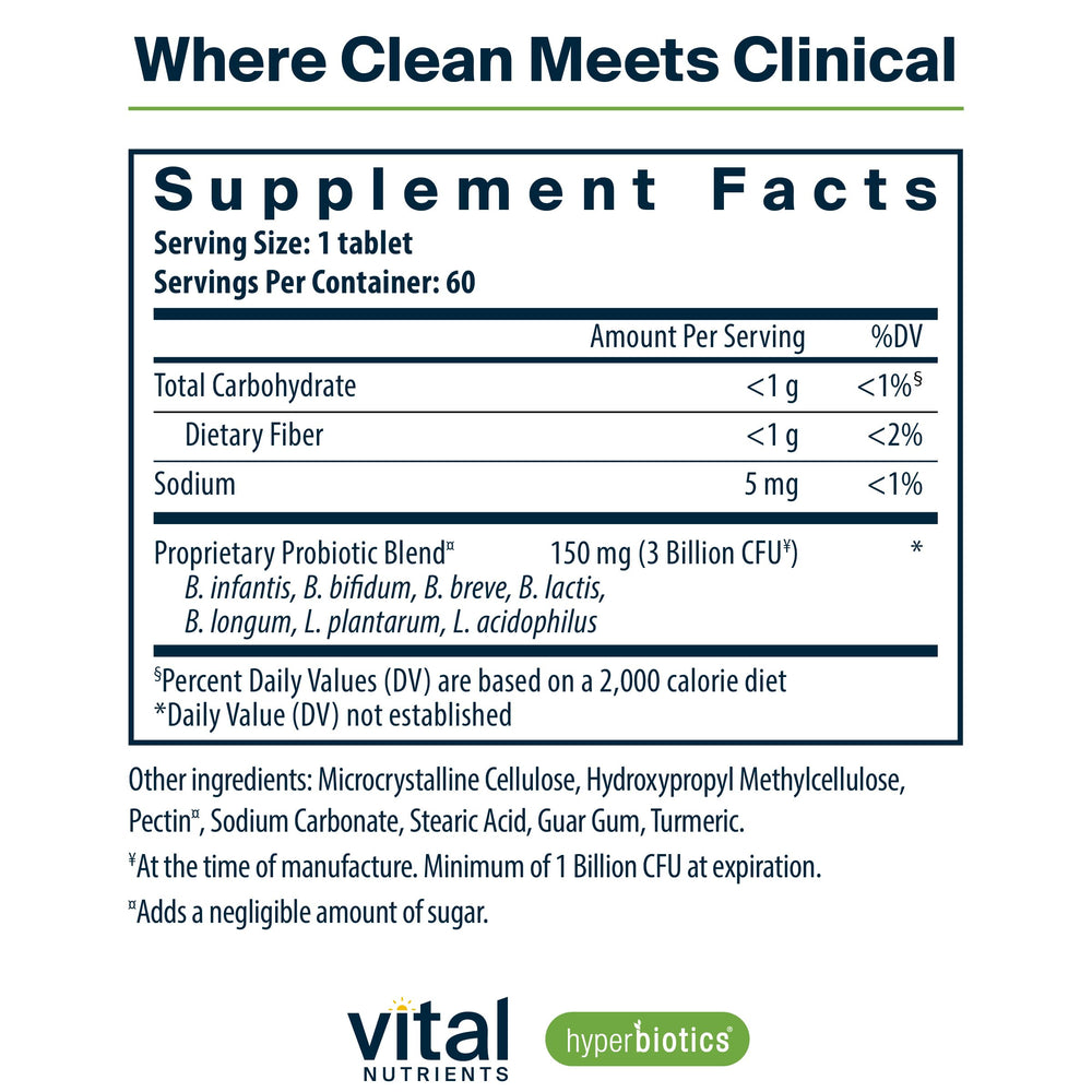 60-tablet bottle packaging for Hyperbiotics Vital Nutrients probiotic