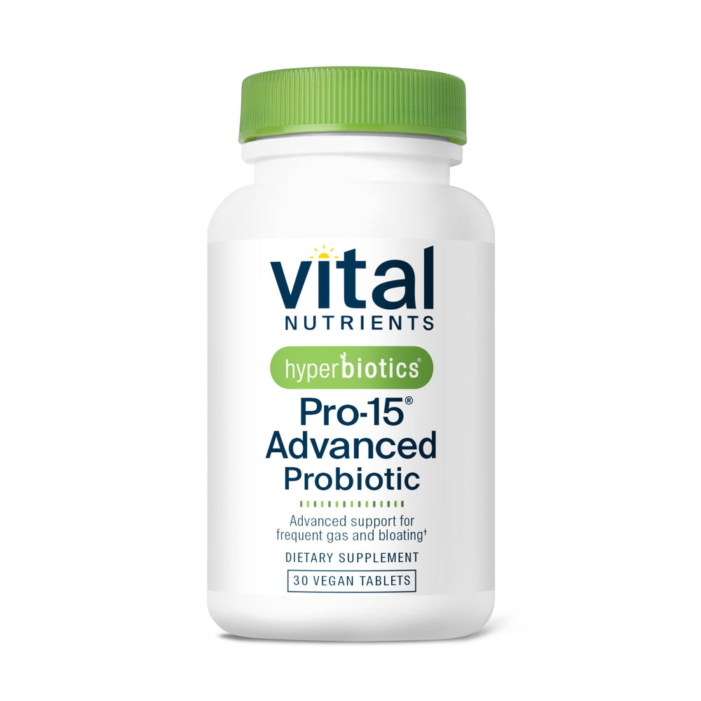 Hyperbiotics Vital Nutrients Pro-15 probiotic bottle with 30 vegan tablets