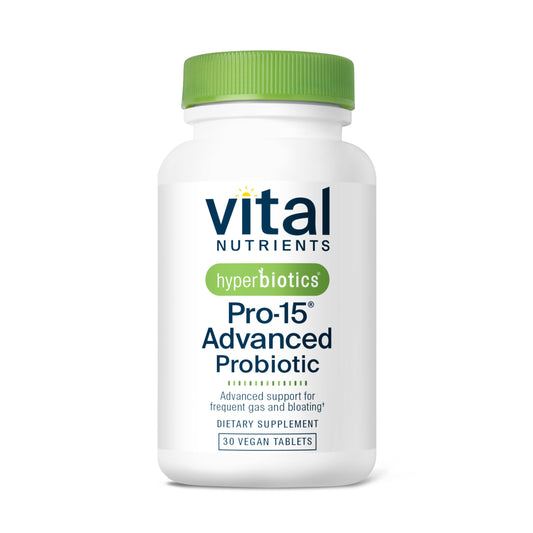 Hyperbiotics Vital Nutrients Pro-15 probiotic bottle with 30 vegan tablets