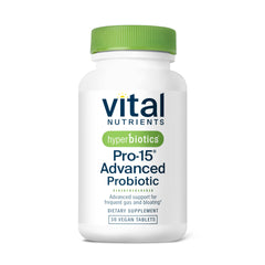 Hyperbiotics Vital Nutrients Pro-15 probiotic bottle with 30 vegan tablets