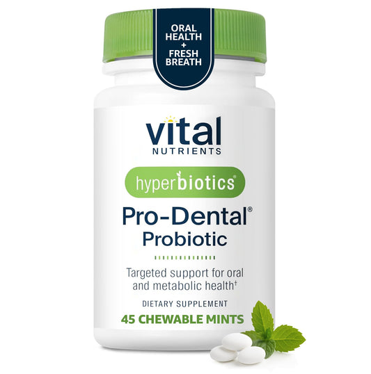 Hyperbiotics Pro Dental probiotic bottle with 45 mint tablets on white background