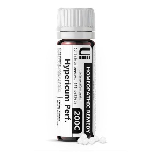 Front view of Hypericum Perforatum 200C Homeopathic Remedy bottle with 270 pellets