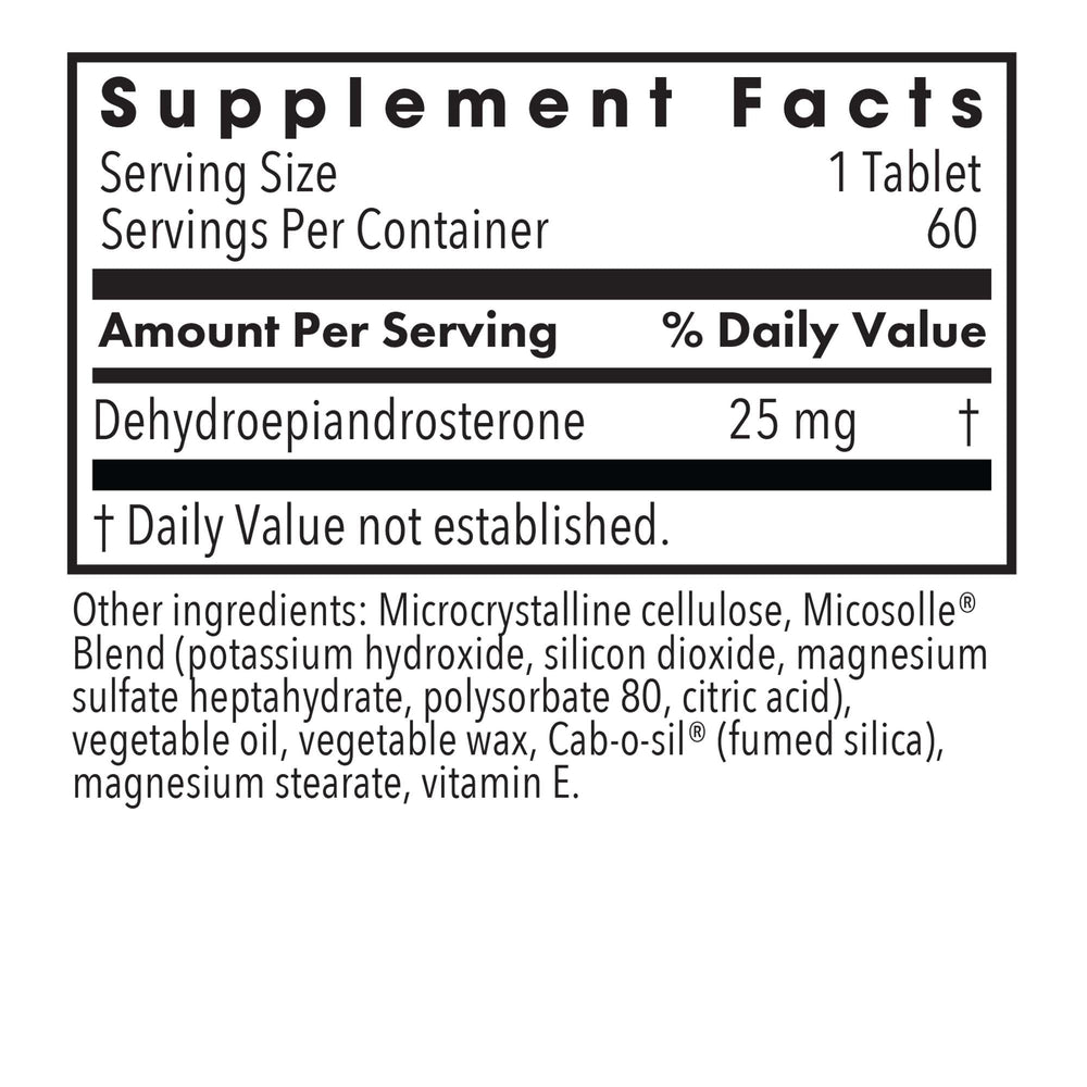 Label indicating hypoallergenic and soy-free DHEA ingredients