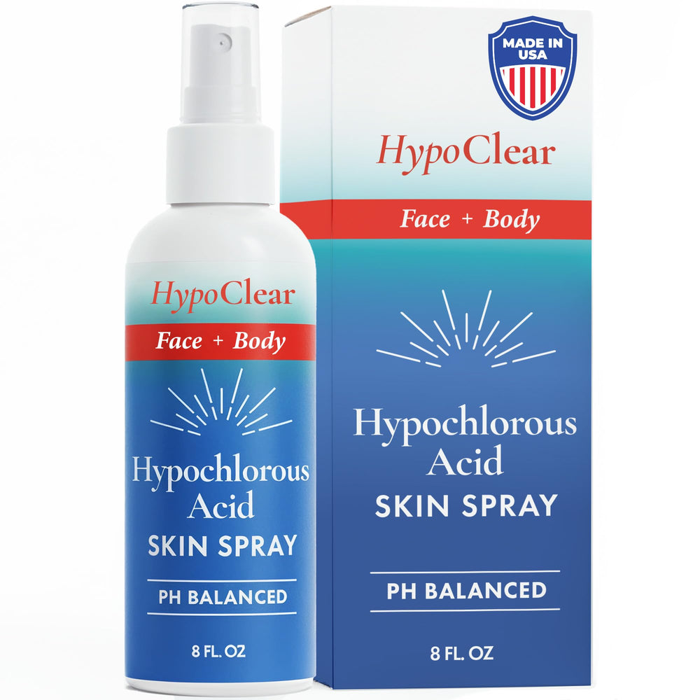 HypoClear HOCl facial spray bottle delivering a gentle mist for hydrating the face.