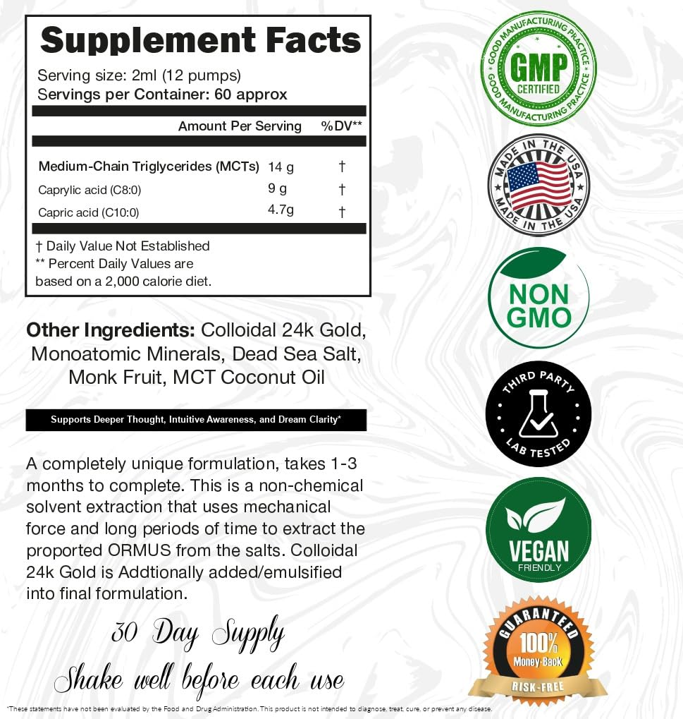 Back label of I Am Joy Co. Ormus Gold Oil 4oz bottle