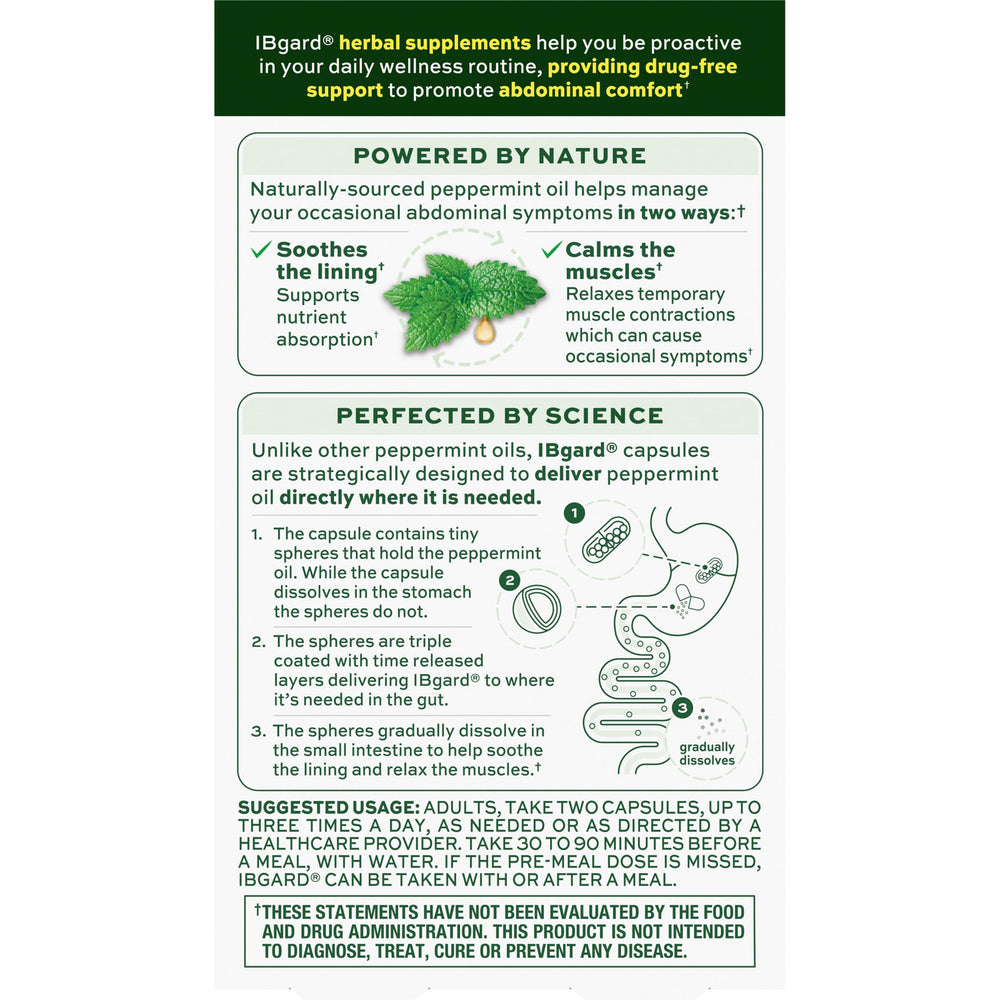 IBgard digestive health graphic hinting at peppermint oil benefits for digestion.