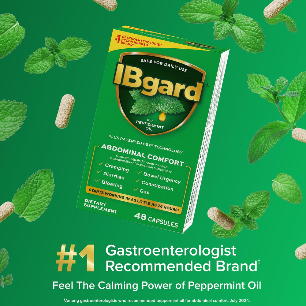 IBgard label detail highlighting ultrapure peppermint oil for digestion and comfort.