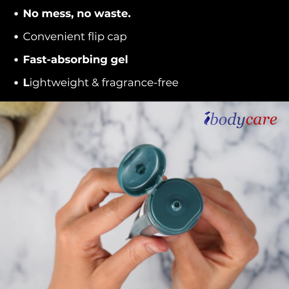 Person applying ibodycare gel to skin for soothing relief