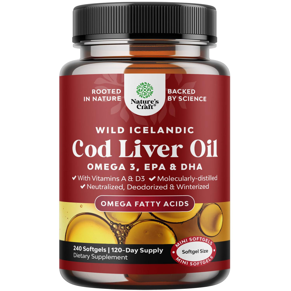 Bottle of Icelandic wild-caught cod liver oil softgels (240-count)