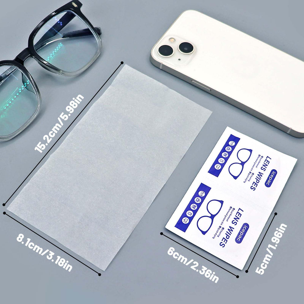 Open packet showing wipe for glasses cleaning