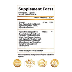 Close-up of 675mg organic Vitamin C from acerola and oranges
