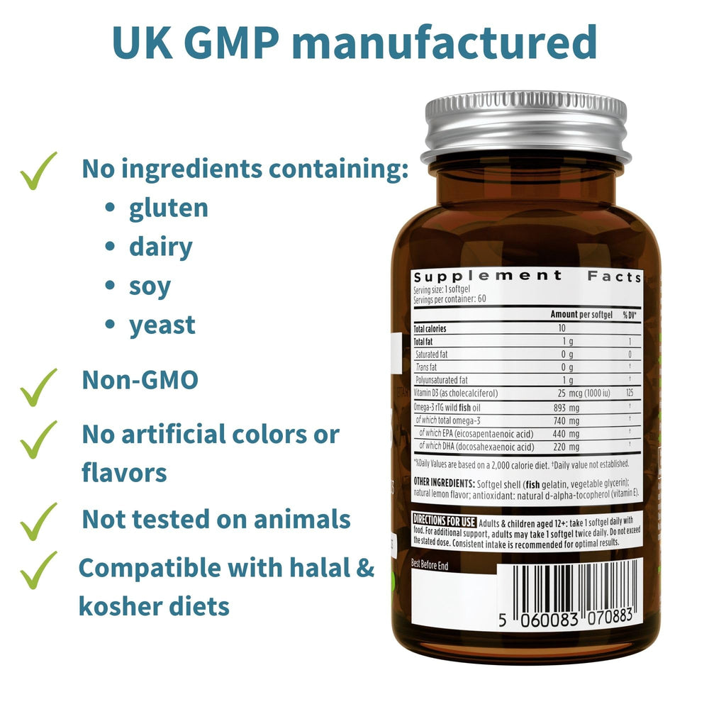 Close-up of omega-3 softgels showing 660 mg EPA & DHA per softgel